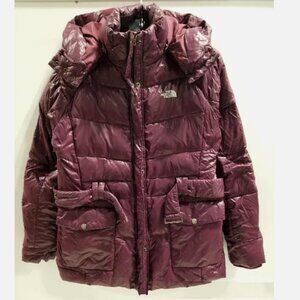 VTG THE NORTH FACE Goose Down Hooded Puffer Jacket Coat Burgundy Belted Women XL